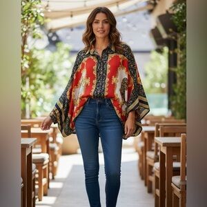 Chiffon Wild Cat Leopard Print Scarf Kimono Top XXL Gold Red New Button Front